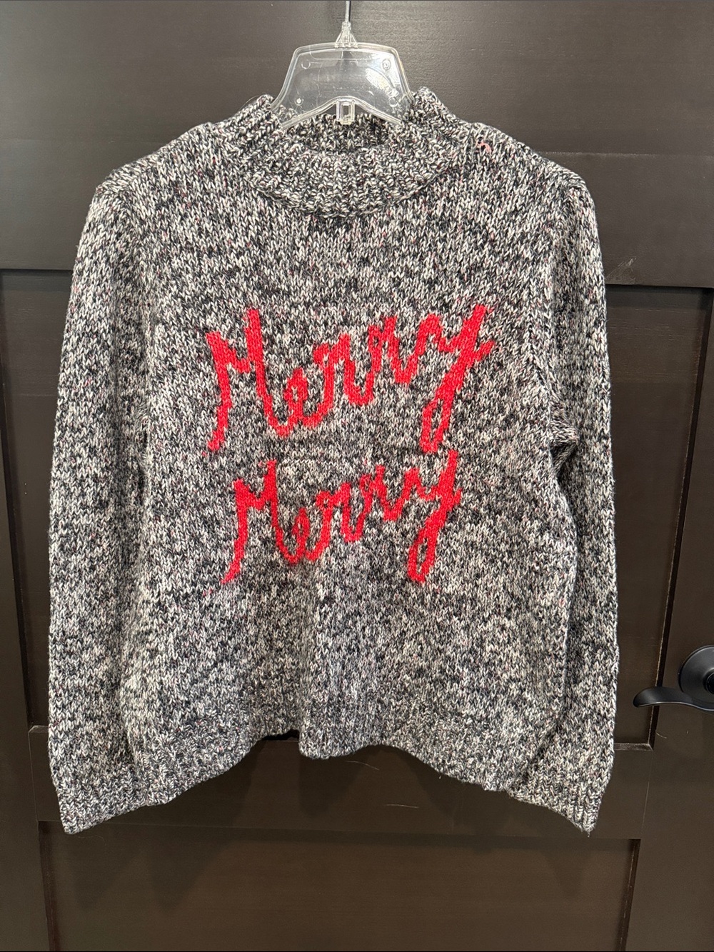 LOFT Gray Marled Cowlneck Sweater with Red 'Merry Merry' Script